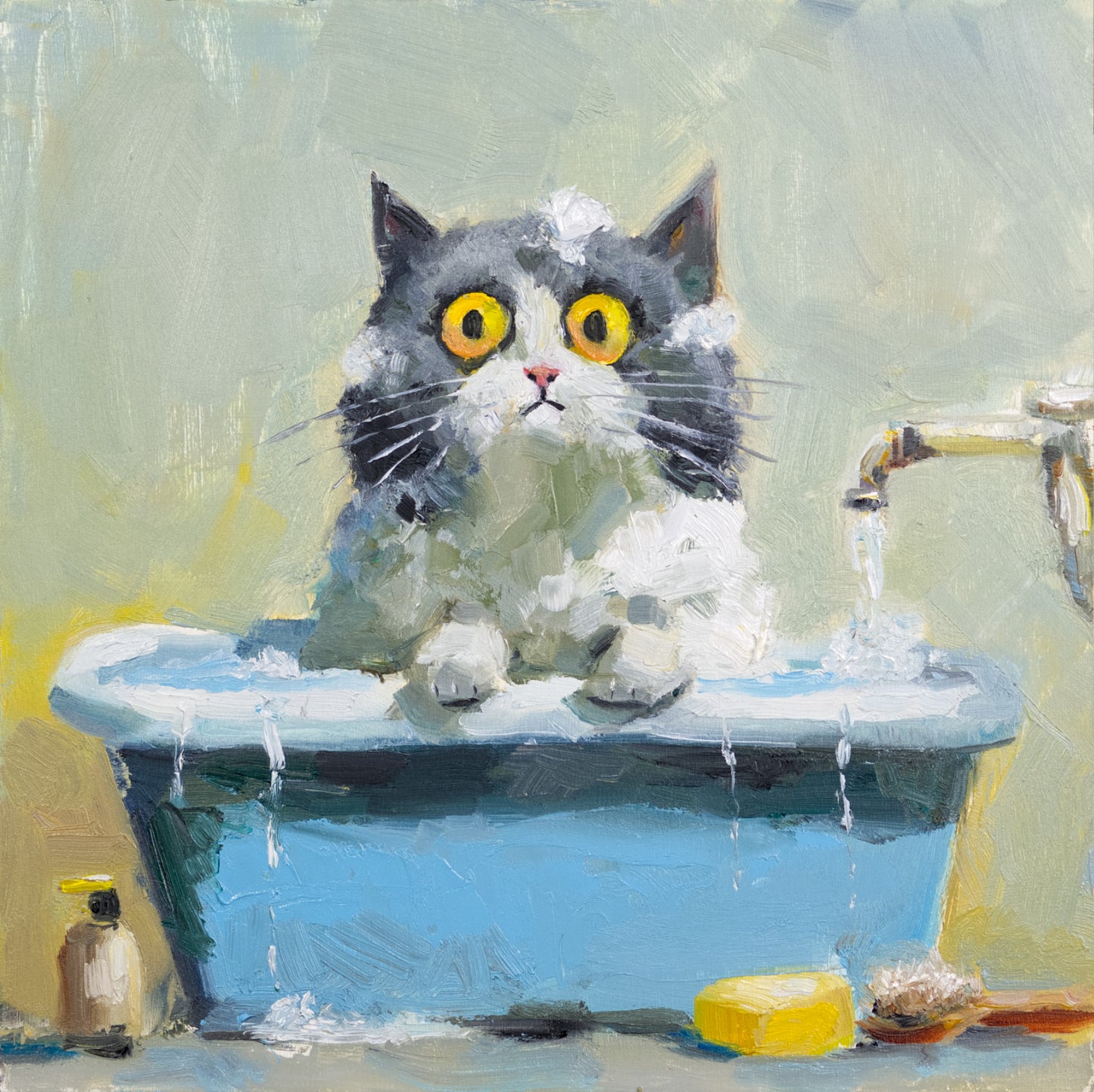 Fluffy in the Tub - Original oil painting